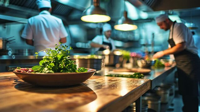 Busy chefs working on the restaurant kitchen , blurred background