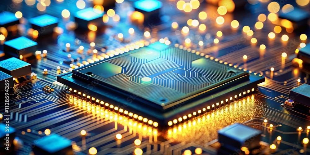 Poster a futuristic integrated circuit design with bokeh effect, showcasing an all-in-one processor, memory