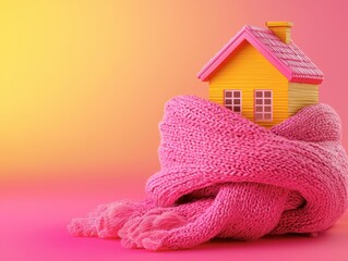 Yellow statuette of a house wrapped in a pink scarf on a yellow background with space for text