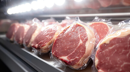 Fresh vacuum sealed raw veal cutlets displayed in refrigerated case