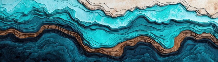 Fototapeta premium Abstract Layered Landscape Teal Brown Beige Ocean Waves Texture