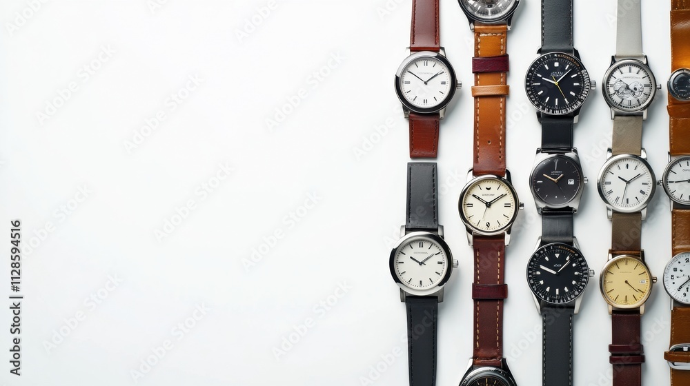 Poster a collection of wristwatches arranged thoughtfully on a white background, showcasing diverse styles 