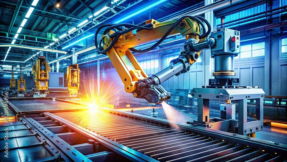 Poster a futuristic robotic machine efficiently producing printed circuit boards in a high-tech manufacturi