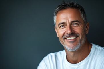 Obraz premium Smiling middle-aged man with gray hair in white shirt