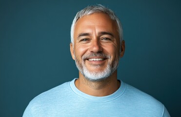 Obraz premium Happy middle-aged man with white hair smiling confidently