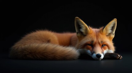 Obraz premium Hyperrealistic Photo of a Resting Fox Against a Black Background
