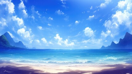 Obraz premium Idyllic Beach Scene Anime Style Ocean Sunny Sky Mountains
