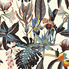 Cotton fabric Beautiful vintage Floral pattern in the many kind of flowers, palm leaves. Tropical botanical Motifs scattered random. Seamless vector texture. Fashion prints. Printing.