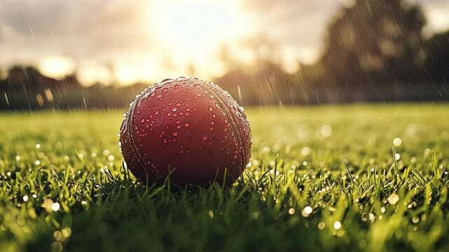 Red cricket ball resting on wet grass under the golden sunlight during a rainy afternoon