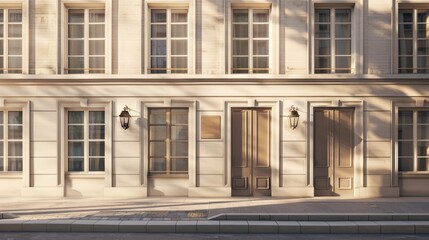 Fototapeta premium Elegant minimalist Parisian building, wall with windows and doors, sunlit afternoon, serene urban environment, no people visible.