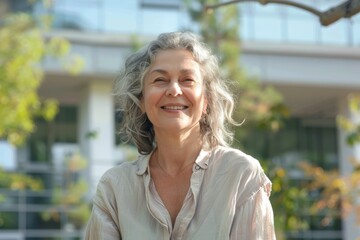 Fototapeta premium Portrait of a joyful caucasian woman in her 50s wearing a simple cotton shirt isolated on modern university campus background