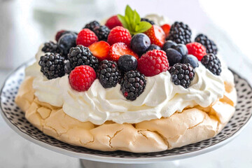 Delicious mixed berry pavlova dessert with fresh whipped cream