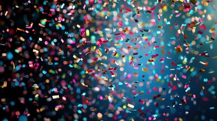 Vibrant confetti explosion against a blue background with colorful sparkling particles