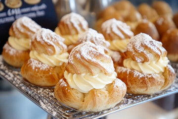 Cream puffs with powdered sugar displayed on metal rack