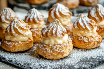 Delicious cream puffs with powdered sugar on rustic slate tray