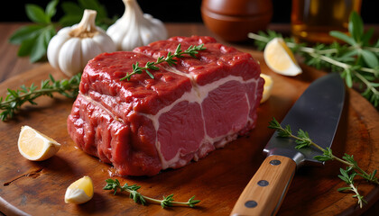 Raw beef steak with garlic, rosemary, and lemon on wooden board
