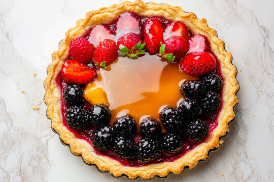 Delicious mixed berry tart with strawberries, blackberries, and glazed topping on marble surface