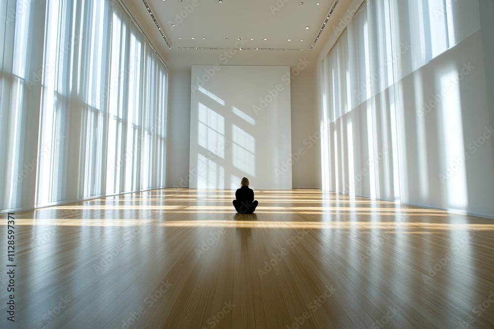 Poster A person sits quietly on the floor in a vast gallery, illuminated by sunlight streaming through large windows, creating a peaceful atmosphere. Generative AI