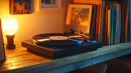 A vintage turntable sits on a wooden shelf, surrounded by records and illuminated by warm lamplight.