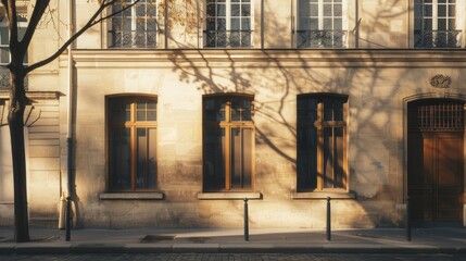 Elegant minimalist Parisian building, wall with windows and doors, sunlit afternoon, serene urban environment, no people visible.