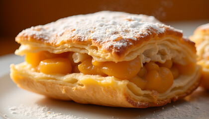 Flaky pastry filled with peach cream and dusted with powdered sugar
