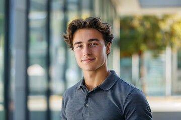 Portrait of a satisfied man in his 20s donning a classy polo shirt isolated in modern university campus background
