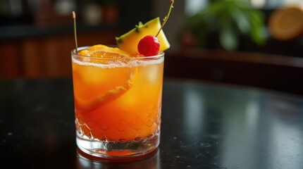 One Rum Punch with Tropical Fruits and Orange Sugar Crystals