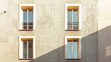 Obraz premium Contemporary Parisian minimalist architecture, facing a wall with windows and doors, sunny afternoon light, serene and peaceful, no people.