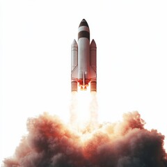 A rocket launches into the sky, emitting flames and smoke, symbolizing exploration and technological advancement.