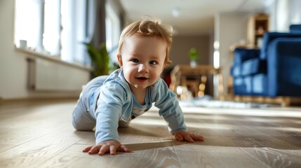 Adorable Baby Crawling in Living Room at Home