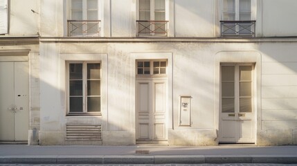 Fototapeta premium Contemporary Parisian street, minimalist building front view, wall with windows and doors, bathed in sunlight, serene atmosphere, no people.