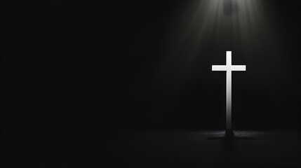 A minimalist design of a Christian cross with rays of light shining from it, symbolizing faith and enlightenment. Christian cross with light.