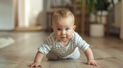 cute adorable baby boy crawling inside the house