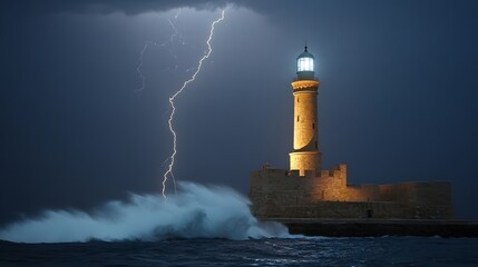 The Lighthouse of Alexandria during a storm waves crashing against its base as lightning strikes nearby.