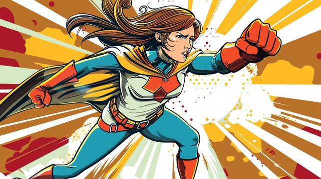 A comic book style illustration of a female superhero flying with a determined expression.