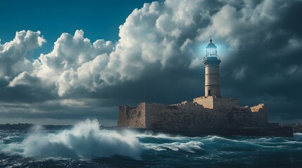 The Lighthouse of Alexandria during a storm waves crashing against its base as lightning strikes nearby.
