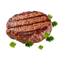 grilled meat with leaves isolated on white background || grilled hamburger meat