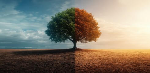Solitary tree symbolizing seasonal transition in arid landscape