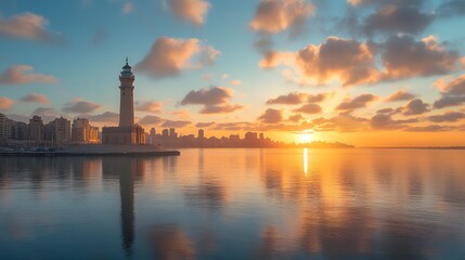 Fototapeta premium The Lighthouse of Alexandria during a storm waves crashing against its base as lightning strikes nearby.