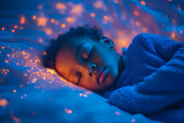 Peaceful sleep of african child surrounded by glowing stars in a cozy bed