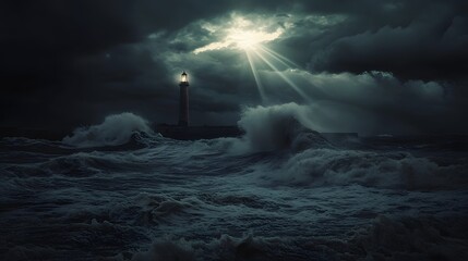 The Lighthouse of Alexandria shining its brilliant beam over dark waves as clouds gather in the sky.