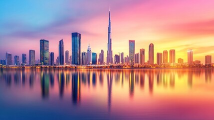 Obraz premium Vibrant sunset cityscape skyline reflected in calm water.