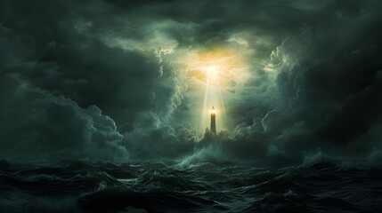 Fototapeta premium The Lighthouse of Alexandria shining its brilliant beam over dark waves as clouds gather in the sky.
