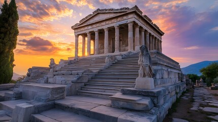 The Mausoleum at Halicarnassus adorned with detailed sculptures and grand staircases against a sunset sky.