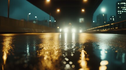 Fototapeta premium Night scene capturing raindrops on city streets illuminated by vehicle headlights under an overpass