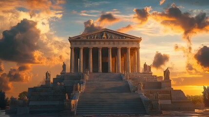 The Mausoleum at Halicarnassus adorned with detailed sculptures and grand staircases against a sunset sky.