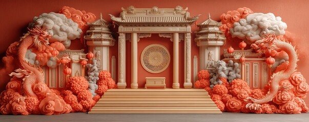 Obraz premium Golden Chinese temple surrounded by mystical red dragons and clouds