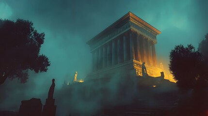 The Mausoleum at Halicarnassus shrouded in mist its towering structure glowing with eerie light.