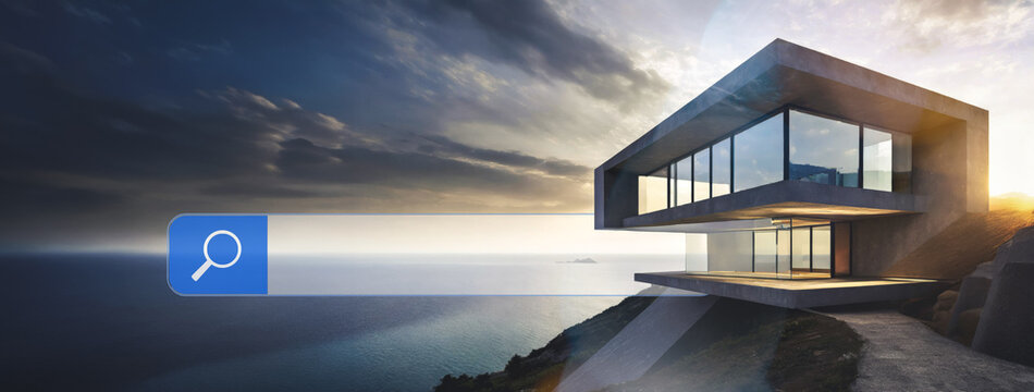 Search bar futuristic house with great panorama in background. Real estate property business concept