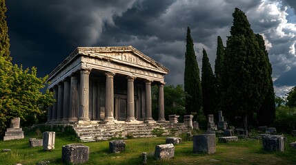 The Mausoleum at Halicarnassus with storm clouds gathering above its towering structure radiating strength.